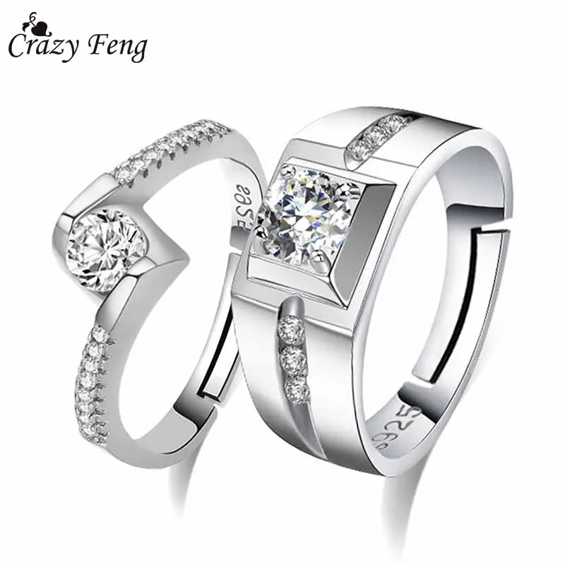 Crazy Feng 2PCS CZ Crystal Engagement Ring For Women Men Silver Color Adjustable Geometric Zirconia Couple Rings Wedding Jewelry
