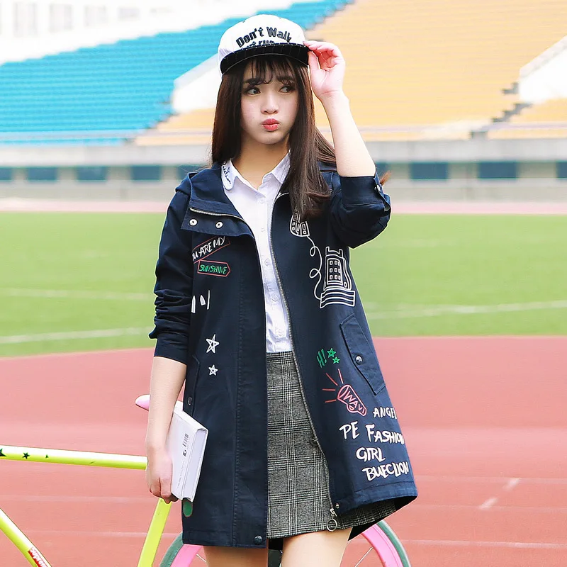 

2017 Spring College Style Kawaii Letters Stars Print School Hooded Jackets Women Cute Fashion Zipper Buttons Jacket Coats V092