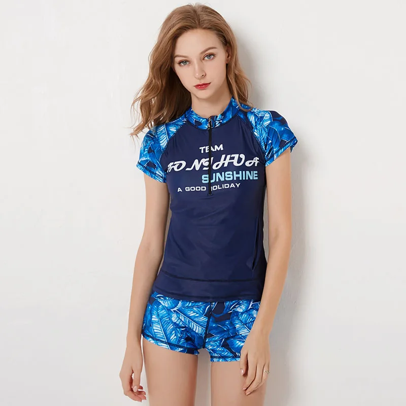 Women Front Zipper Bathing Suit Short Sleeve Swimwear 2019 Two Pieces