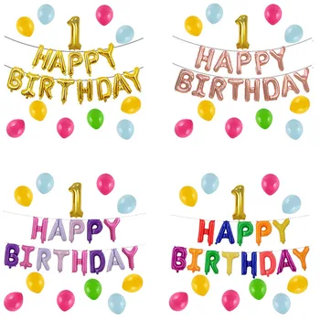

27pcs/set Happy Birthday Balloon Foil latex Themed Suit Decoration Balloons+Banner One Years Baby Shower Birthday Party Supplies