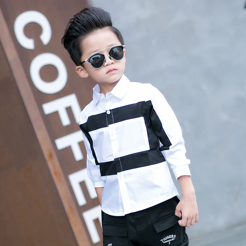 VearDoller Casual Children's Tops Summer Autumn Long Sleeve Cotton Kids Shirts Black White Patchwork Boys Shirts 2-8Years