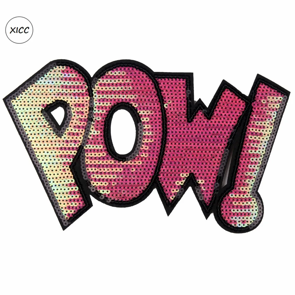 

XICC Cartoon Big Size Letters POW Sequin Badge Iron On Appliques Patches Pink Color Fashion Design Sticker For Jeans Clothing
