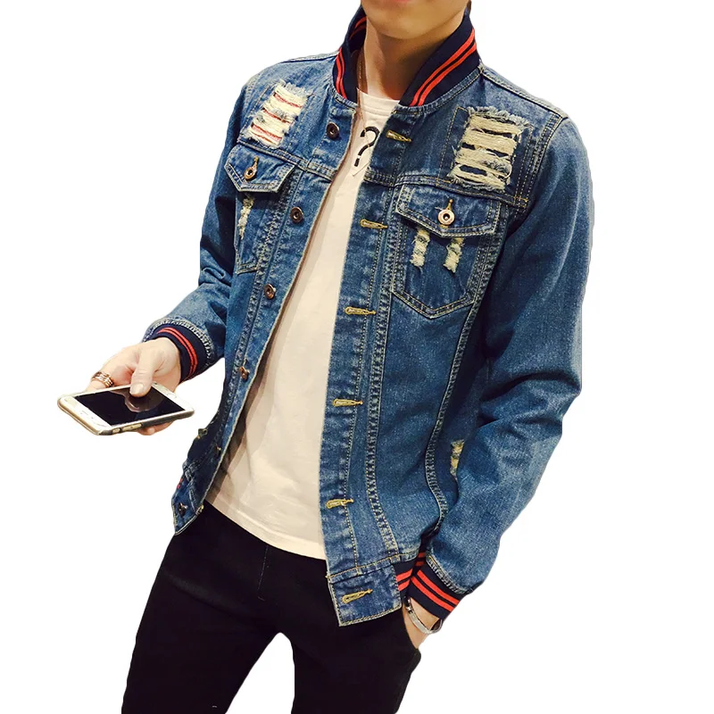 Buy New 2018 Men's Jeans Jacket Coat Ripped Casual