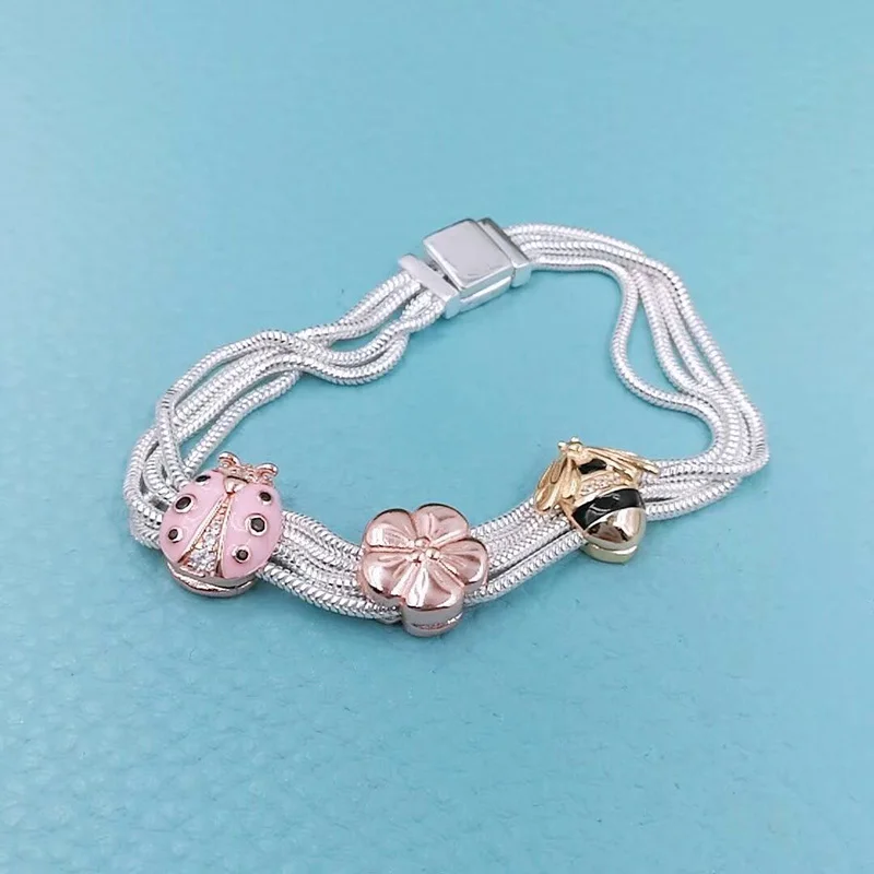 

NEW 925 Sterling Silver Reflexions Butterfly Ladybird Queen Bee Flower Clip Charm Bracelet Set Fit Original Women DIY Jewelry
