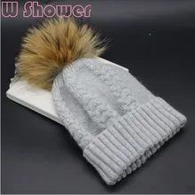 Женская шапка из натурального меха енота с помпоном, Толстая теплая шерстяная вязаная шапка с меховым помпоном, Зимняя Шапка-бини для женщин, Лыжная шапка