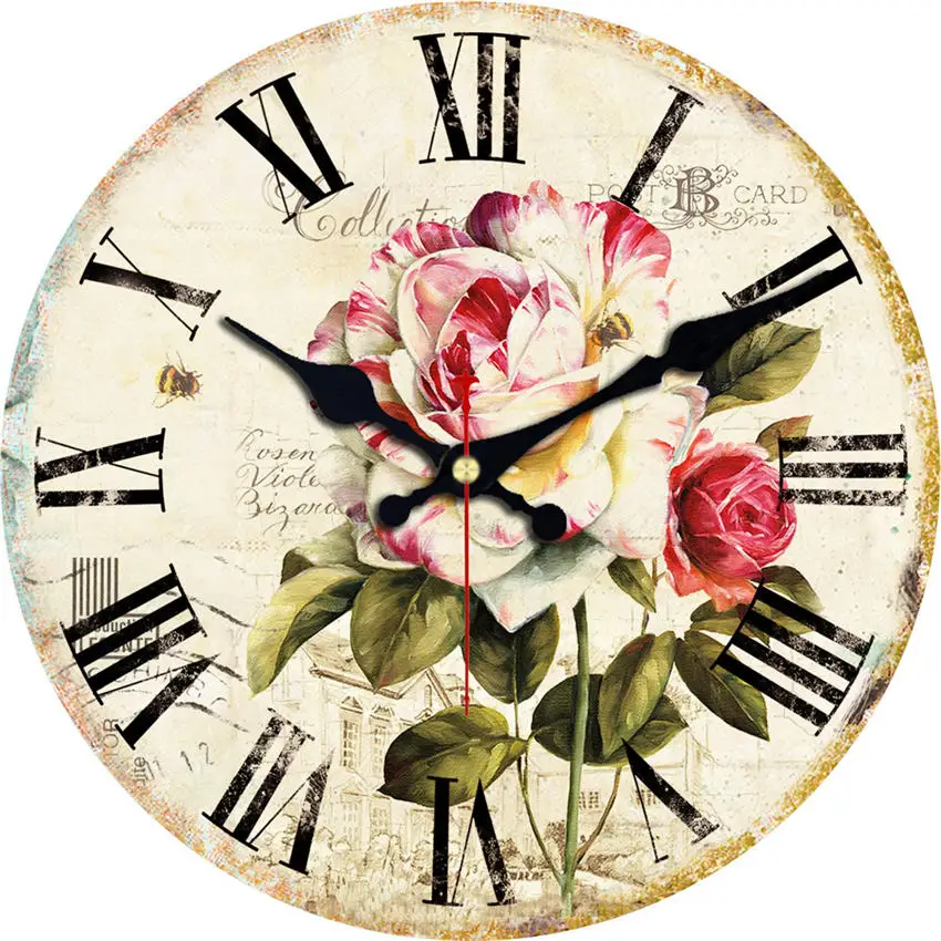 Настенные часы с подсолнухами, римские часы с деревянным каркасом, часы в средиземноморском стиле для домашнего декора, винтажные часы, не тикающий звук - Цвет: Flower Wall Clock 26
