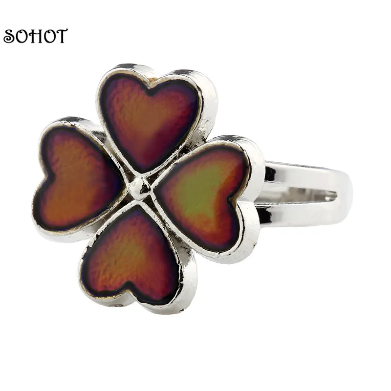 SOHOT Fashion Emotion Feeling Temperature Control Changeable Color Clover Leaf Mood Ring