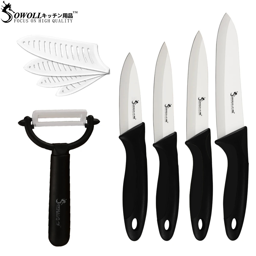Sowoll Ceramic Kitchen Knife Set White Blade ABS+TPR Handle Paring