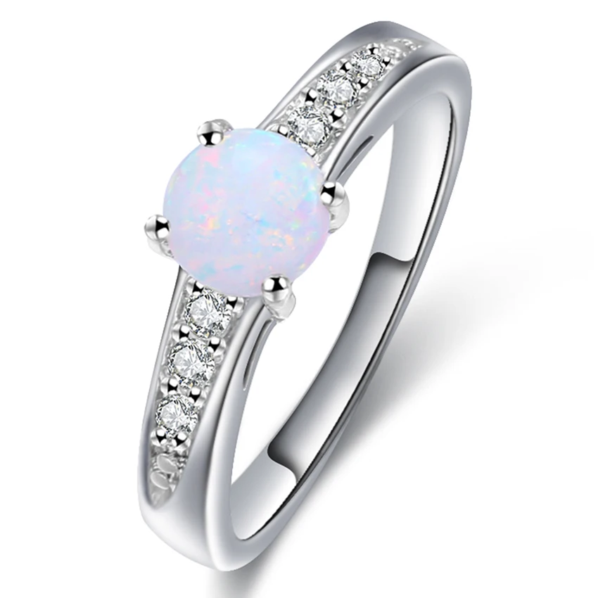 ZHE FAN Women Round Fire Opal Engagement Rings With CZ Zircon Stones