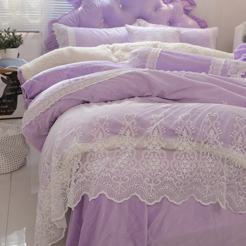 Blue Pink Purple Soft Berber Fleece Princess Girl White Lace Bedding Set Fleece Fabric Duvet Cover Bed sheet/Linen Pillowcases