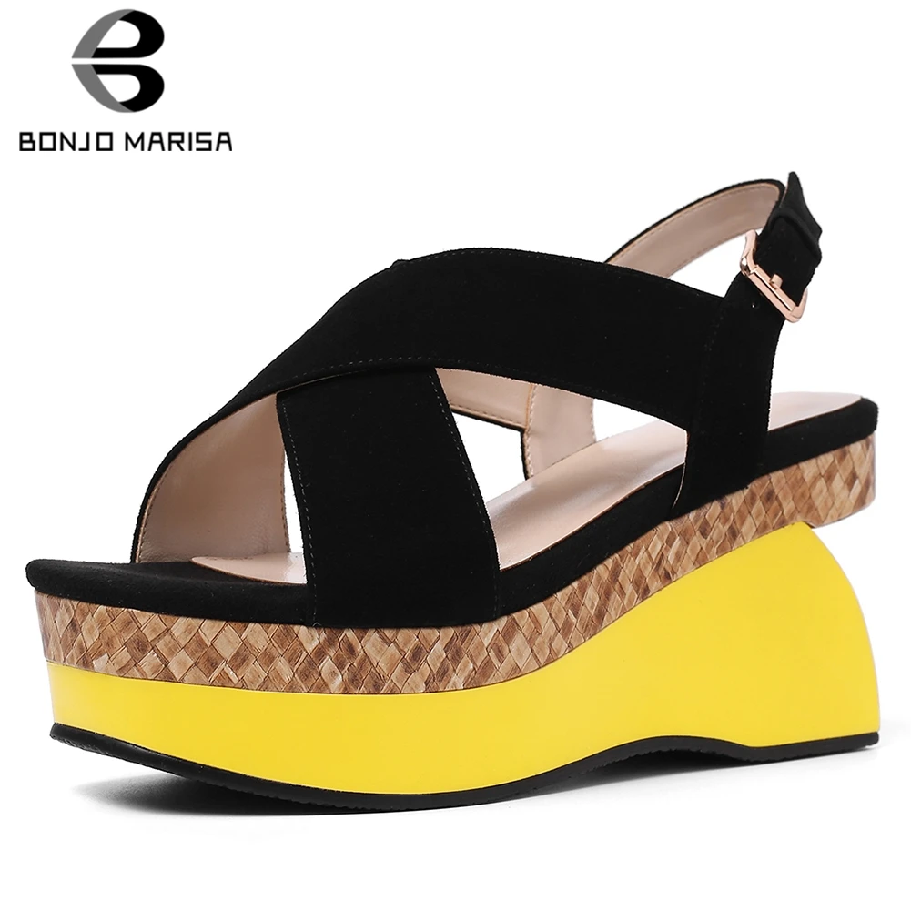 

BONJOMARISA 2020 Fashion INS Hot Kid Suede Sandals Shoes Woman Summer Sheepskin Inning Platform Women Shoes Wedge Sandals Woman