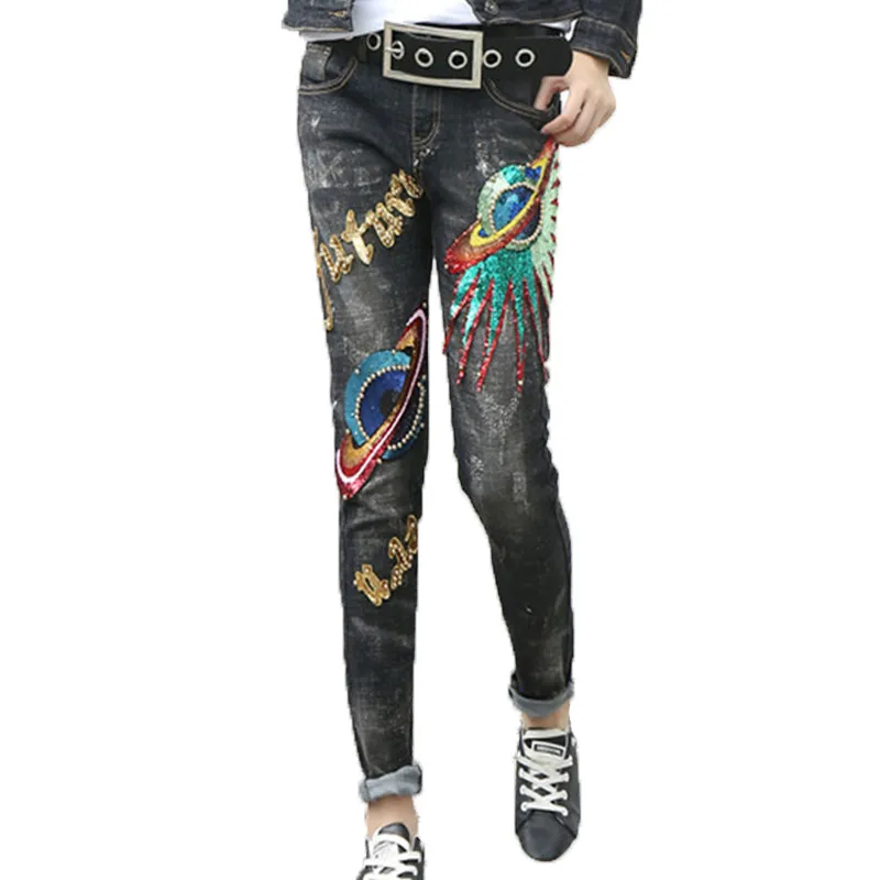 

Denim Skinny Beading Pencil Pants Casual cowboy Trousers Women Sequined Pattern Jeans Pants