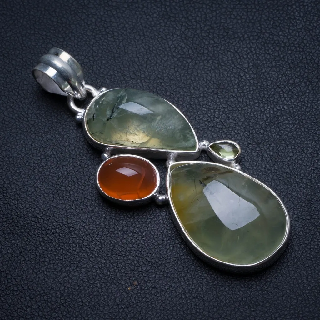 

Natural Prehnite,Peridot and Carnelian Handmade Vintage 925 Sterling Silver Pendant 2 1/4" T2130