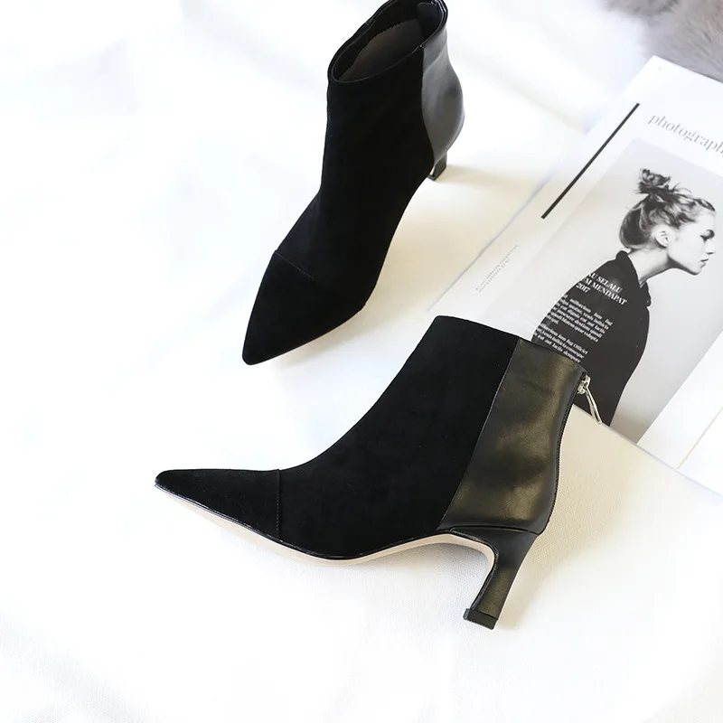 

New Arrival Brand Patchwork Suede Leather Ankle Boots For Women Chic Pointed Toe Back Zipper Ladies Shoes Winter Bottes Femme