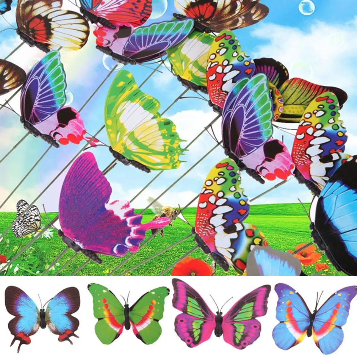 20pcs/pack 3D Colorful Butterfly Sticks Home Yard Lawn Flowerpot Plant Ornament DIY Lawn Decorative Craft
