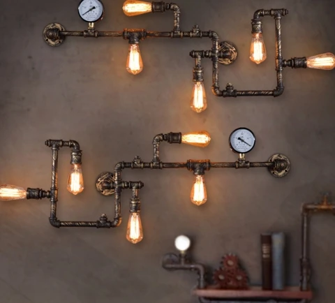 2 Pieces Water Pipe Wall Lamp Vintage Creative Wall Lamp Industrial Wall Lamp with Decoration tap Valve E27 Lighting Decoration for Bar Club Hotel Hall Bathroom Balcony Black
