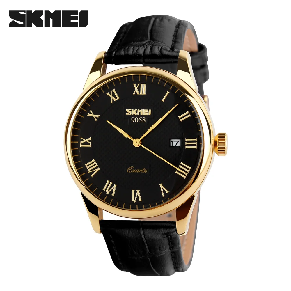 Бренд SKMEI мужские модные кварцевые часы повседневные деловые часы с датой кожаные водонепроницаемые женские наручные часы 9058