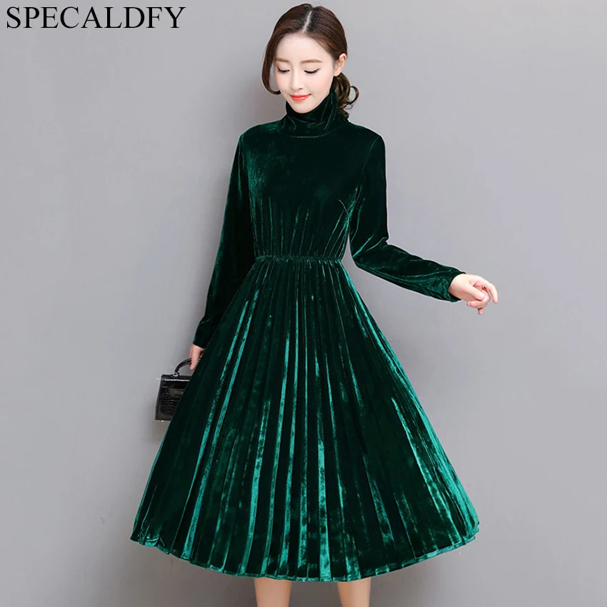 5XL Women Green Black Velvet Dress Winter Turtleneck Dress Long Sleeve ...