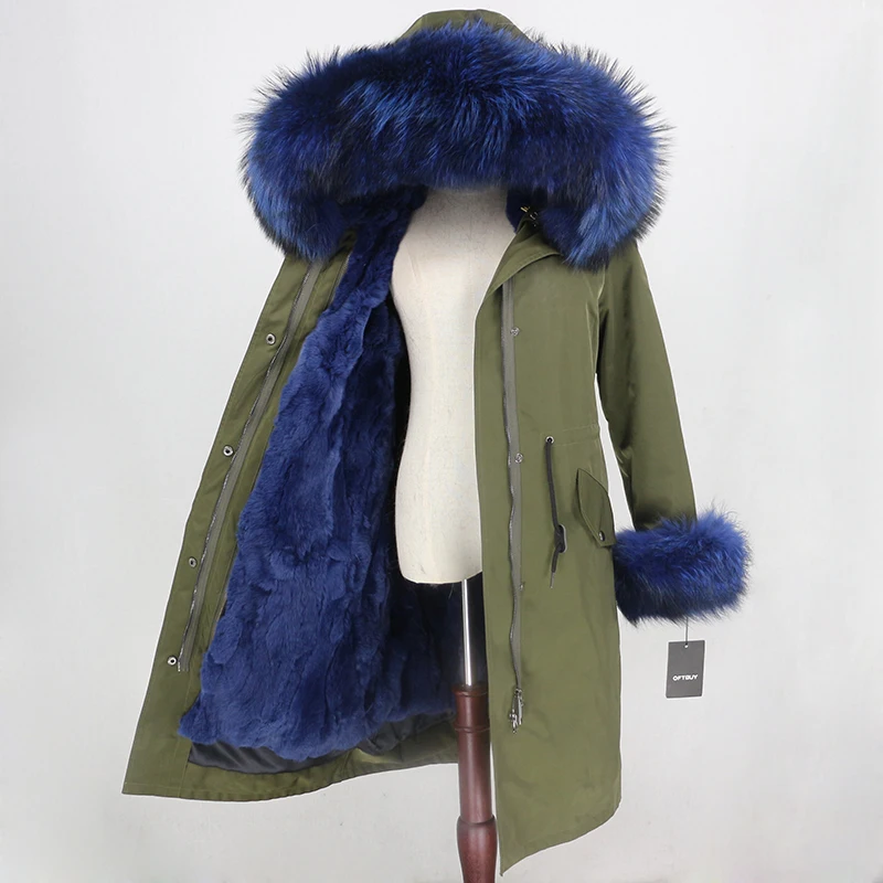 OFTBUY, водонепроницаемая верхняя одежда, удлиненная парка, зимняя куртка для женщин, натуральный мех енота, капюшон, пальто из натурального кроличьего меха, теплая уличная одежда, новинка