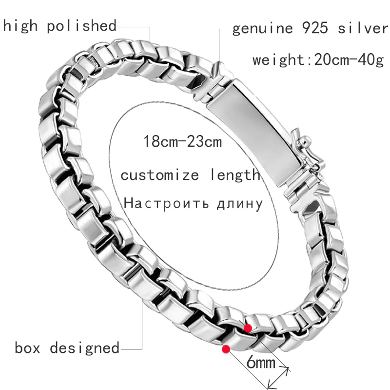 ZABRA 925 Sterling Silver Box Chain 6mm Bracelet Mens Women Thai Silver Vintage Punk Handmade Male Bracelet Femme Bangle Jewelry