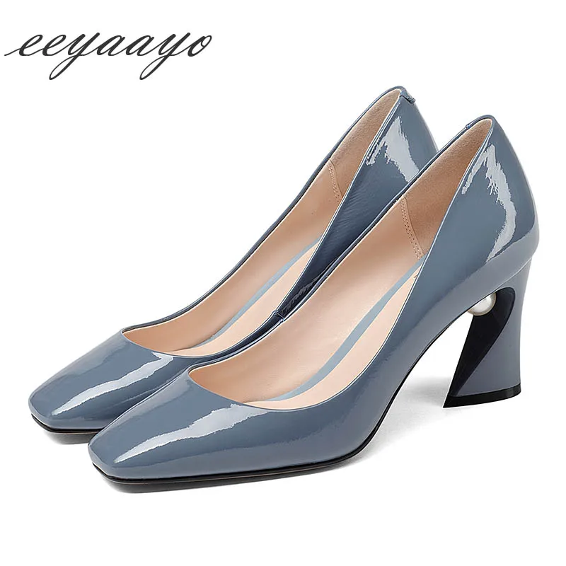 

2019 New Genuine Leather Spring Women Pumps High Heel Square Toe Pearl Sexy Ladies Women Cow Leather Shoes Blue High Heels