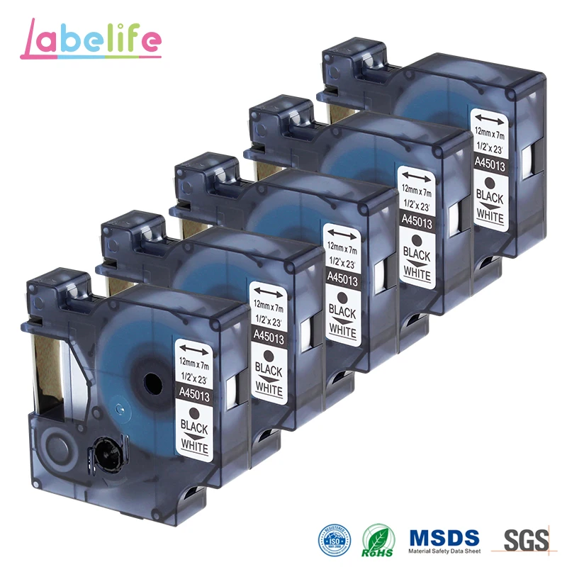 Labelife 5pcs 45013 For DYMO D1 Label Tape 12mm Black on White laminated Label Ribbon for DYM0 ...