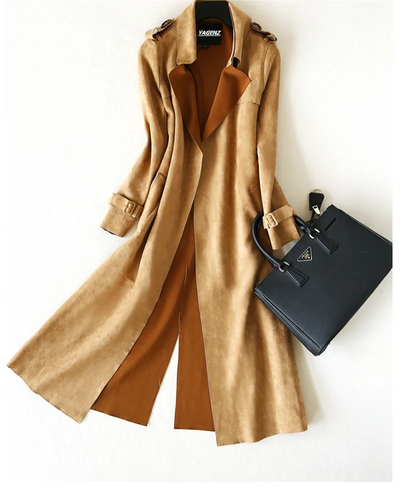 

Spring Autumn Women Trench Coat 2019 New Fashion Temperament Waist Slim Deerskin Velvet Long Windbreaker Coat RE2506