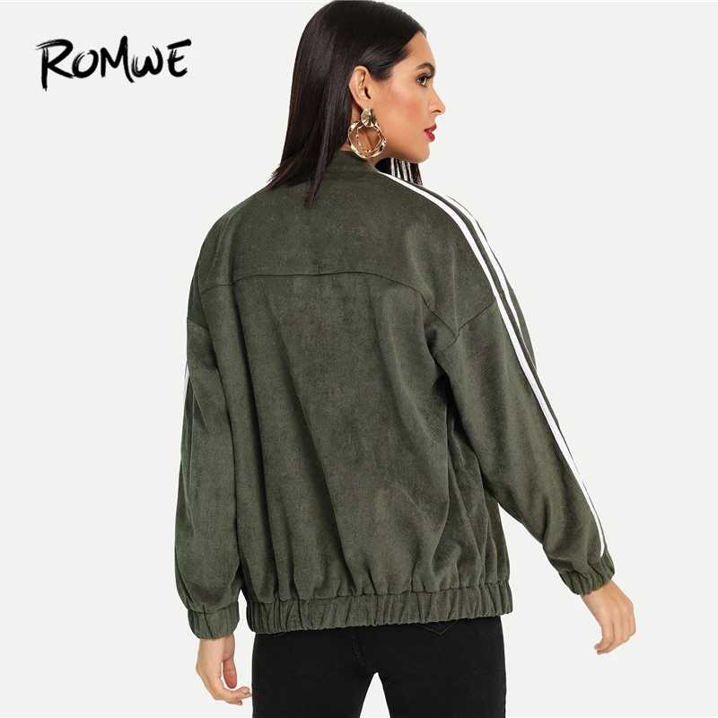 Promo  ROMWE Army Green Striped Side Womens Jackets And Coats Autumn Casual Clothes Fashion Clothing Singl