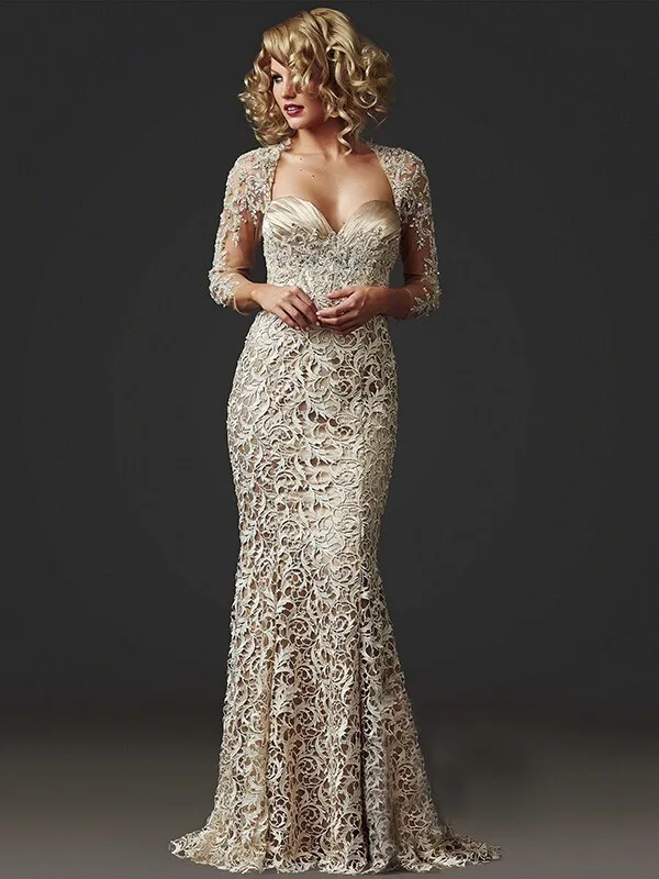 ==> [Free Shipping] Buy Best 2017 Mother Of The Bride Dresses Mermaid Sweetheart 3/4 Sleeves Khaki Lace Long Brides Mother Dresses For Weddings Plus Size Online with LOWEST Price