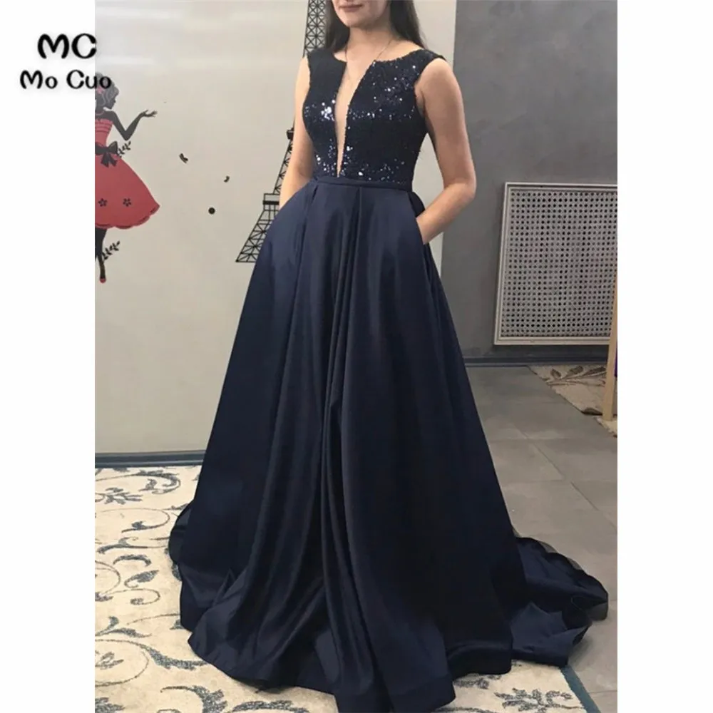 

Sparkly Black Sequins Evening Dresses prom dresses Long Sleeveless Robe de soiree vestidos de fiesta Satin Women Evening Dress