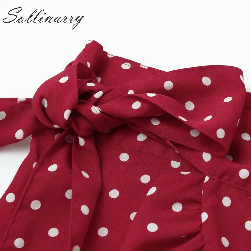 Sollinarry, Красная Женская юбка миди с высокой талией и оборками,, асимметричная летняя юбка с поясом в горошек для женщин и девушек, повседневные юбки в стиле бохо