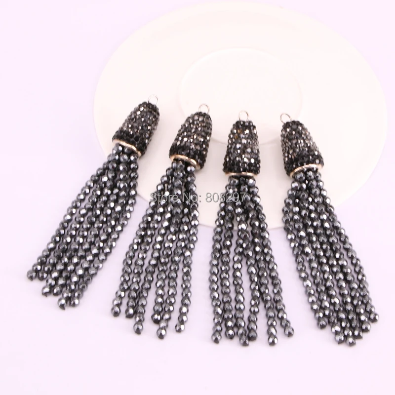 

8Pcs Handmade Black Hematite Beads Tassel Pendant With Pave Rhinestone Charms,Jewelry Findings