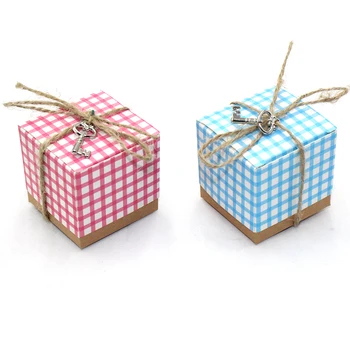 

50Pcs Retro Lattice Kraft Paper Wedding Candy Boxes European Party Favor Gift Box Chocolate Packing Box with Ribbon and key