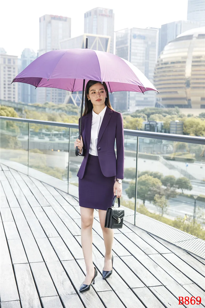 Формальные Дамы Фиолетовый пиджак Для женщин Бизнес костюмы с юбкой и куртка комплекты Повседневная обувь Офис Единые конструкции стилей