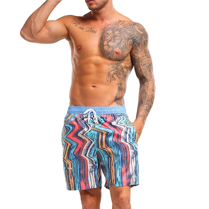 

2019 Men's Beach Shorts Colorful Striped Print Swim Drawstring Trunks Quick Dry Surfing Running Swimming Shorts Casual 4B08
