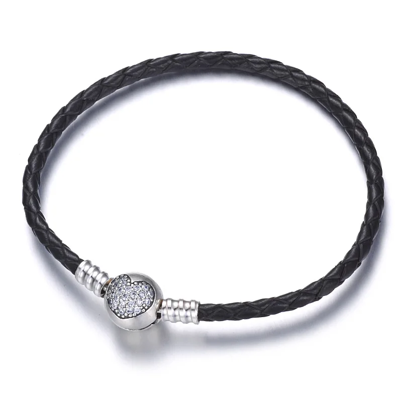 

925 Sterling Silver Bead Charm Genuine Leather Lobster Clasp Snake Chain Beads Pan Bracelet & Bangle Women Diy Jewelry