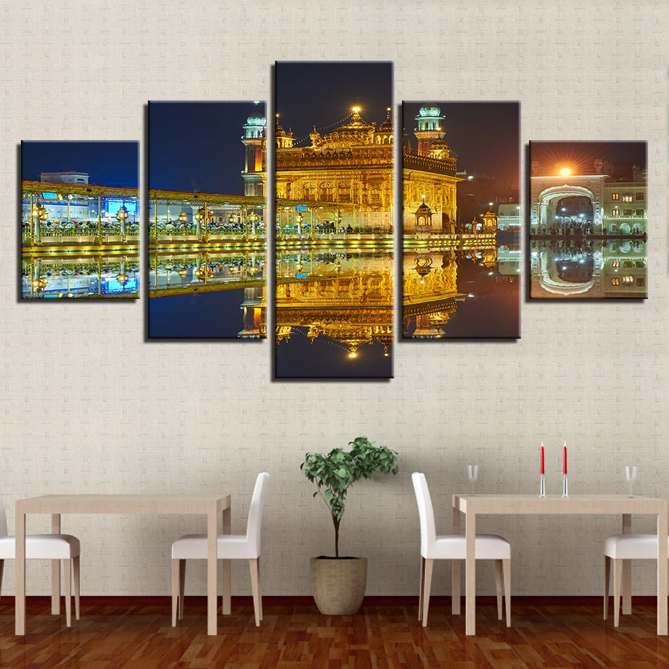 Canvas Wall Art Picture Home Decor 5pcs Golden Temple Beautiful Night Painting HD Print Module Free Shipping | Дом и сад