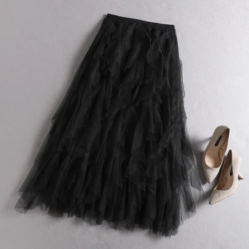 

2019 spring Womens Tulle Mesh Elastic High Waist Tiered Pleated Cake Skirt