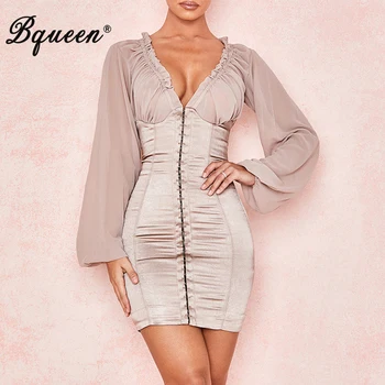 

Bqueen 2019 Women V Neck Ruffles Long Sleeve Long Zipper Mini Dress Knee Length Bodycon Dress Lady Fashion