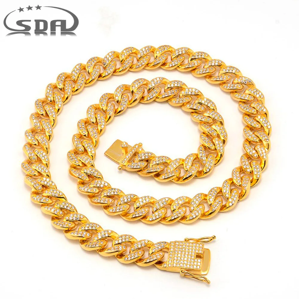

SDA Hiphop Men Necklace Chain Iced Out Miami Curb Cuban Gold-color AAA CZ Stone Inlaid 12mm 18mm Wide 24inch Top Quality N1758
