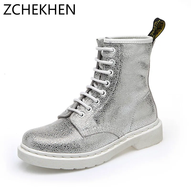 

2018 Autumn Fashion Martin Boots Women Casual Genuine Leather Motorcycle Boots cross tied chunky heels gold white Ankle Boots