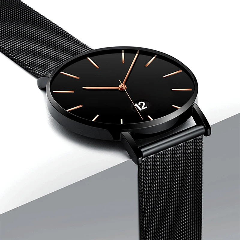 Часы наручные мужские кварцевые модные повседневные из нержавеющей стали черные
