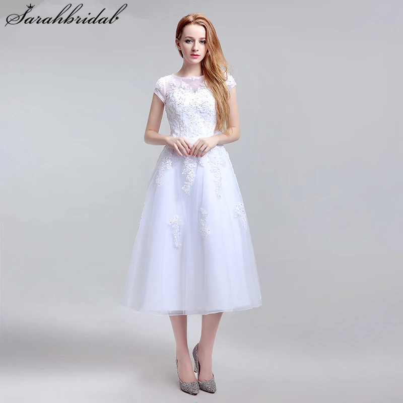 Elegant White Scoop Neckline A line Tea Length Lace Up Wedding Dresses