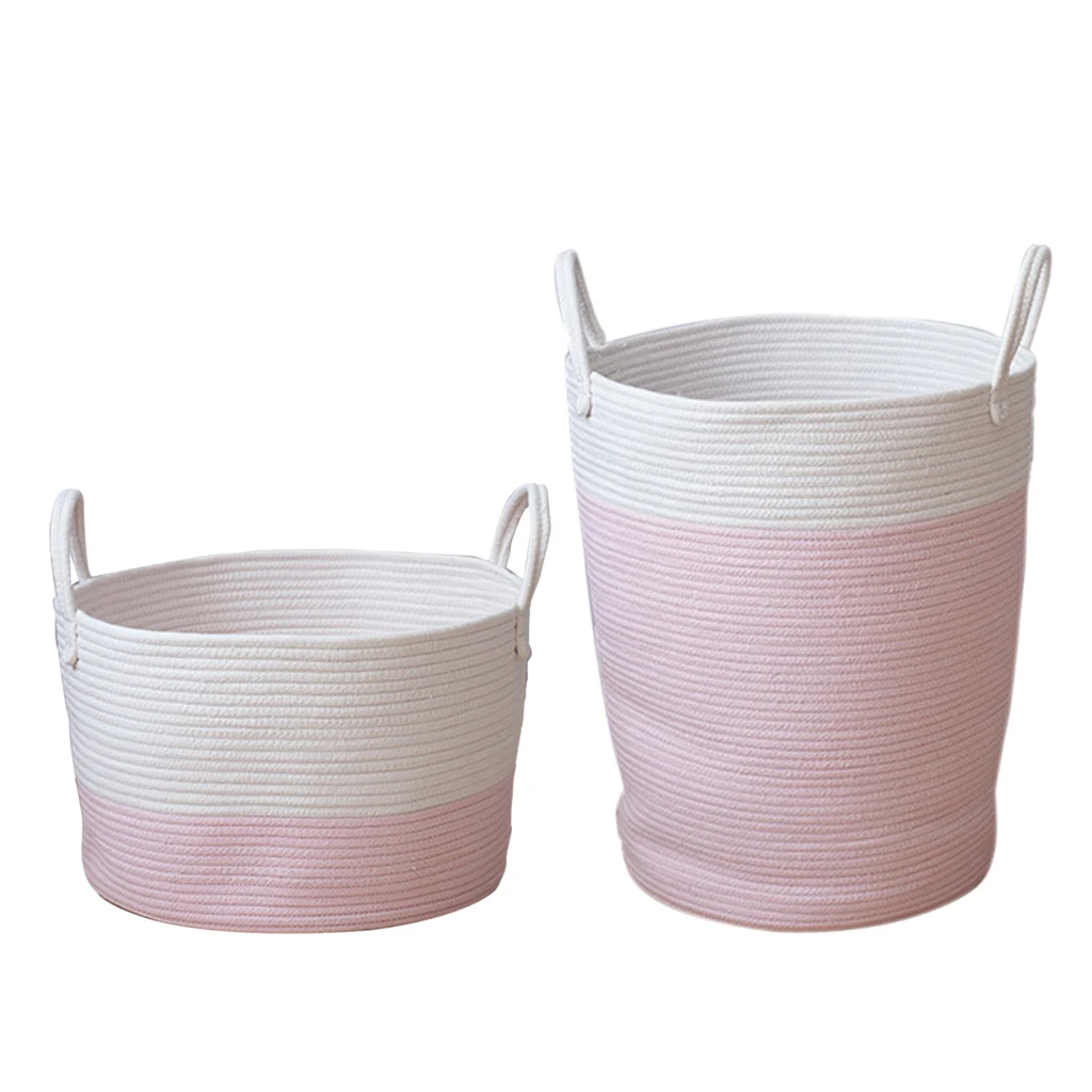 2x Cotton Weaving Storage Basket Rattan Storage Box For Cosmetics Basket Organizer Sundries Laundry Toys Storage Basket Pink