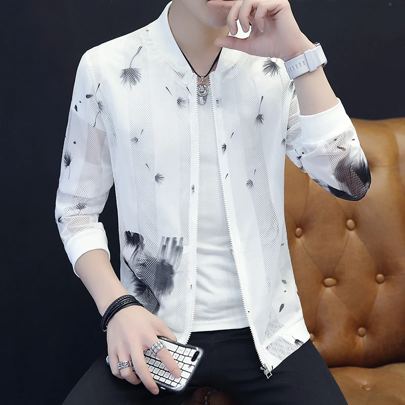

Summer Men Jacket Korean Men Clothes 2019 Slim Fit Bomber Jacket Print Hollow Sun Protection Clothing Thin Breathable Coats Men