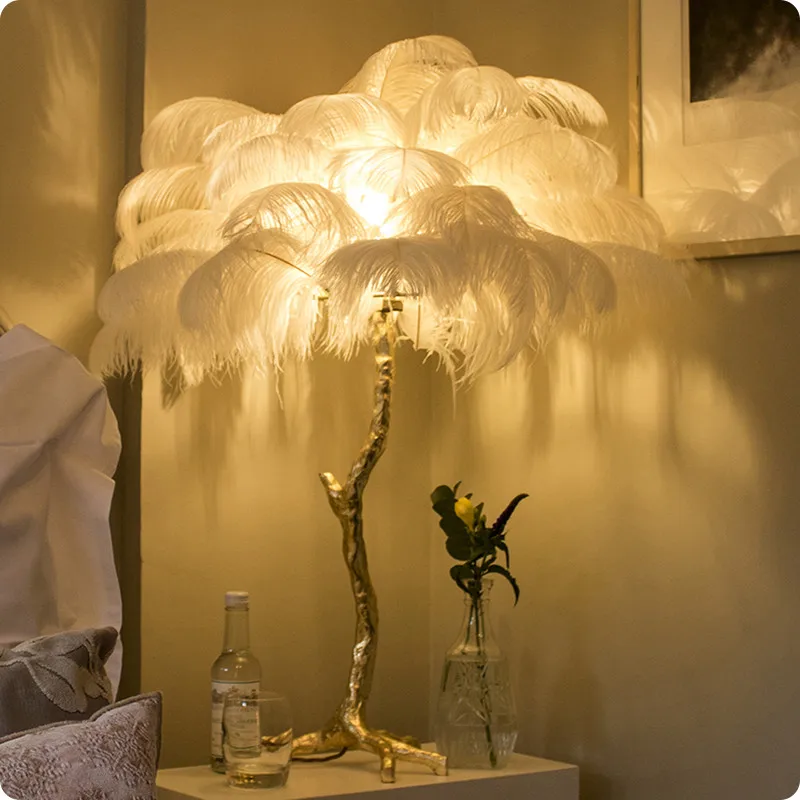 Современные страусиные перья ветви торшер медная стоящая лампа для гостиной спальни напольные светильники домашний декор освещение в помещении