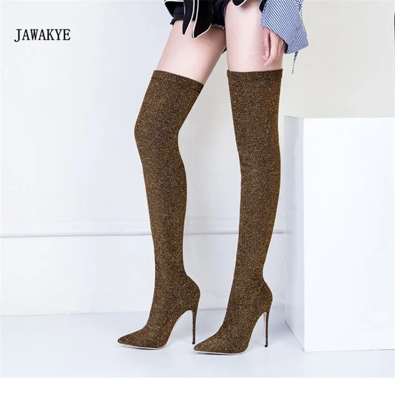 

2017 Bling Sequins Sock Boots Women Pointed Toe Sexy High Heel Shoes Woman Newest Fashion Knit Over The Knee Stretch Boots