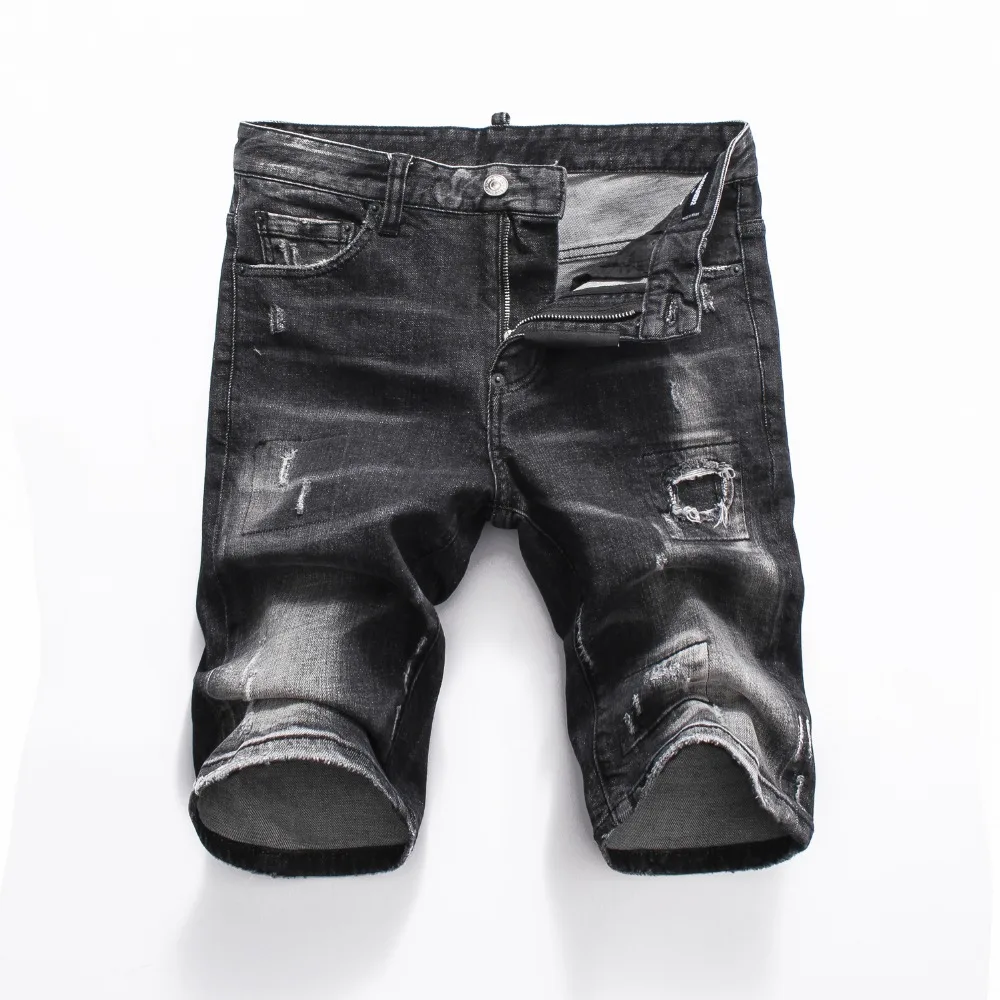 Летние Стиль известные бренды Для мужчин s Шорты Джинсы роскошные мужские джинсы на молнии лоскутное тонкий черный джинсовые шорты с