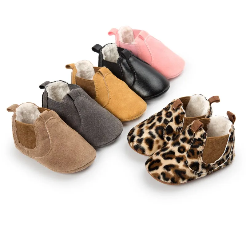 

Autumn Winter Warm Fleece Shoes Baby Boys Girls Fashion Leopard Moccasins Elastic Soft Rubber Sole Anti Slip Shoes 2017 New