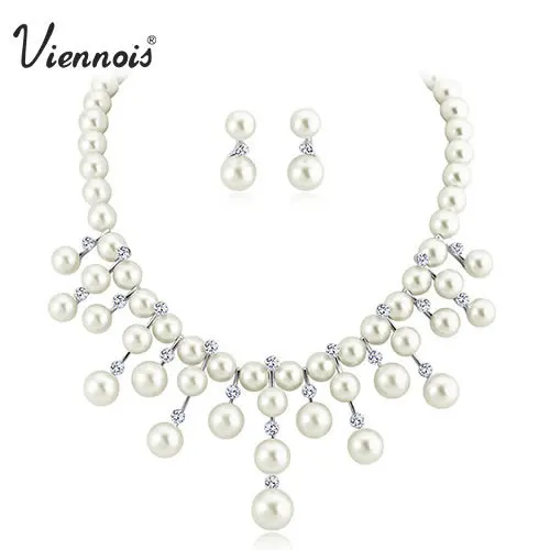 

Viennois Silver Drop Crystal Rhinestone Faux Pearl Earrings Necklace Jewelry Set Wedding Party new women free shipping